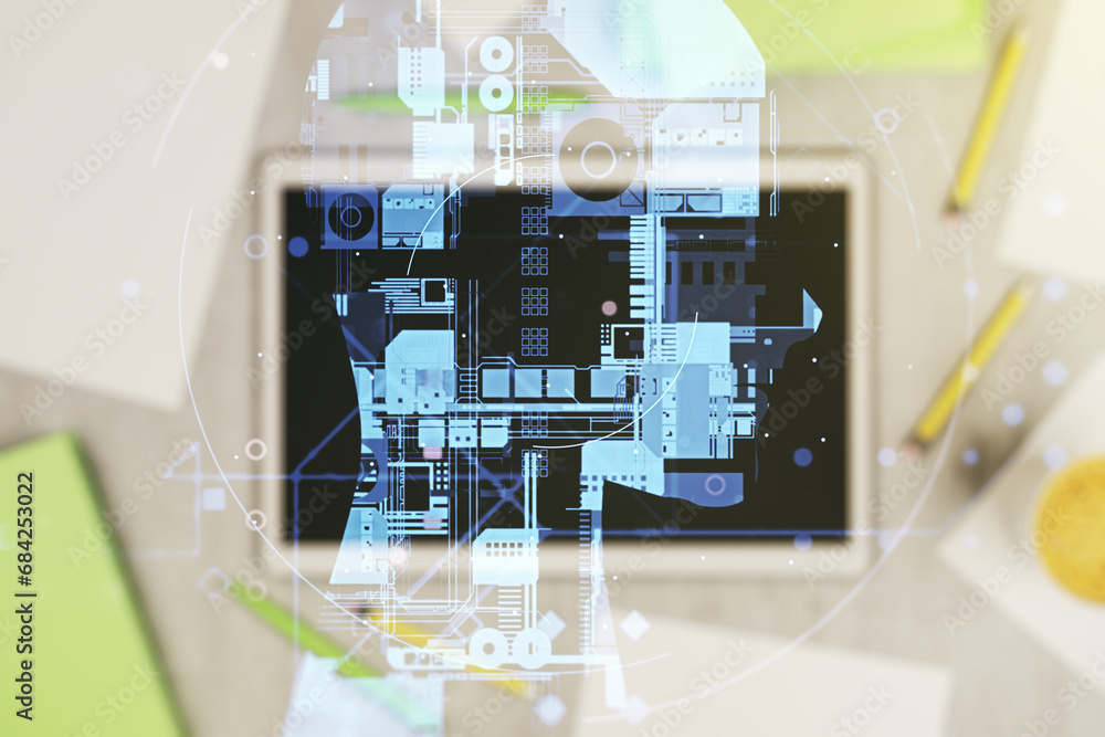 Aufkleber double exposure of creative human head microcircuit and modern digital tablet on background. future 