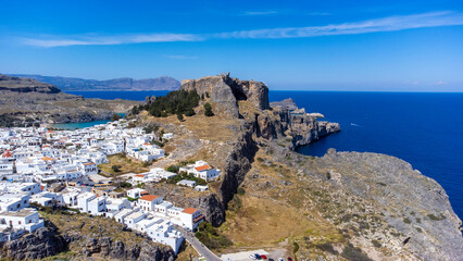 The Acropolis of Lindos in Rhodes island Greece. Saint Paul's Beach and Lindos Acropolis aerial...