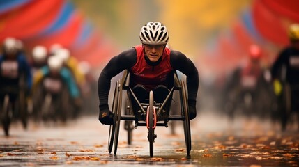 a disabled man participates in a race using special wheelchairs, banner