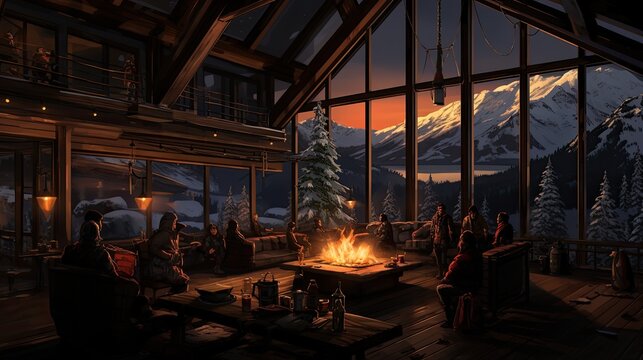 cozy cabin for snowboarders with an open fireplace and panoramic mountain views, banner
