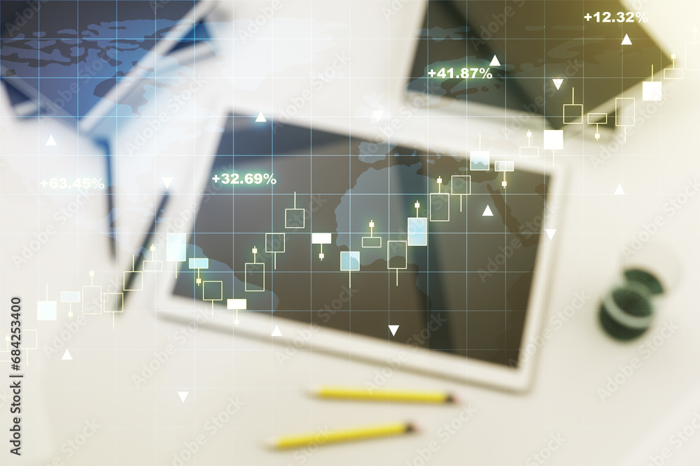 Aufkleber multi exposure of abstract financial graph with world map and modern digital tablet on desktop on ba
