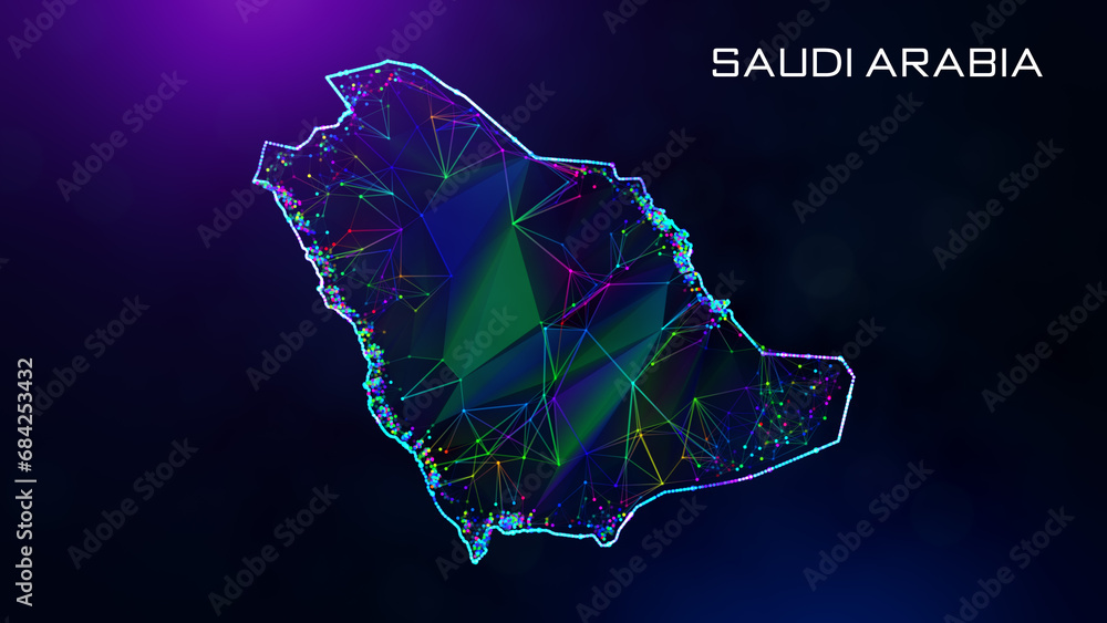 Poster futuristic sweet saudi arabia map polygonal blue purple colorful connected lines and dots wireframe 