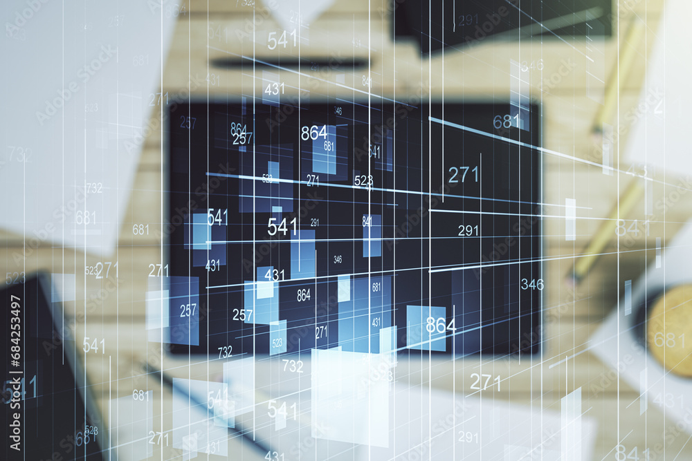 Fototapete double exposure of abstract creative statistics data hologram and digital tablet on background, top 