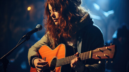 Obraz premium Female guitarist performing at a concert.