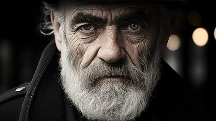 Old man with beard and hat looking with a lonely expression.