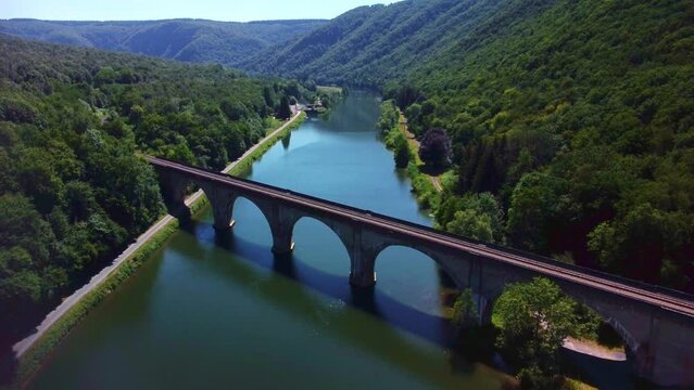 Aerial view of a Railway Bridge over the Meuse River, in France