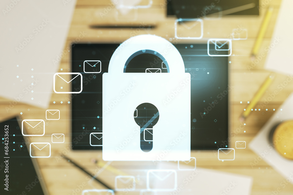 Poster double exposure of creative lock hologram with email symbols and digital tablet on background, top v
