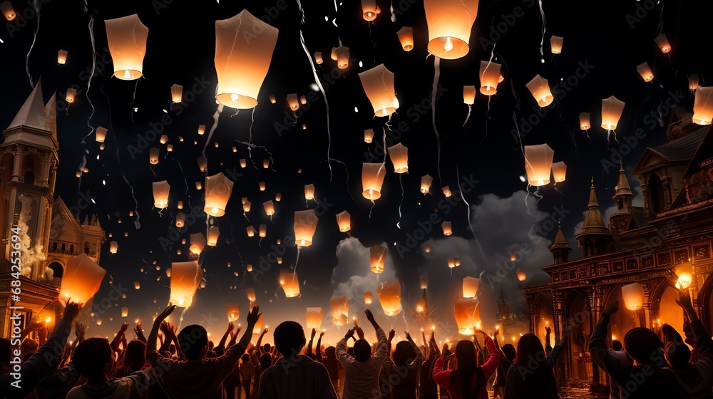 Wall mural people celebrate new year's eve with lanterns. generate ai - Wall murals