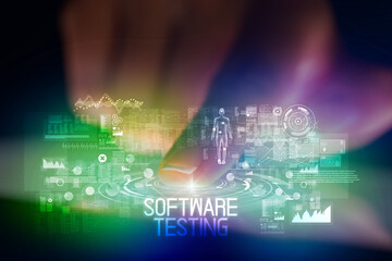 Finger touching tablet with web technology icons concept