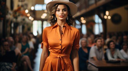 Woman in orange dress and hat struts down runway.