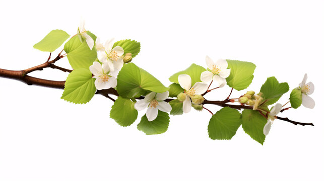A beech twig with blossoms separated against a white backdrop.