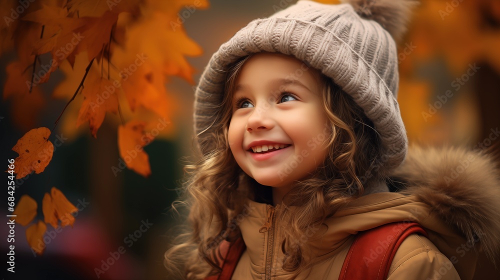 Wall mural autumn mood - little happy child girl with a smile on fall nature background, hello autumn, stylish 