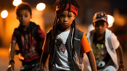 Three young boys with dreadlocks walking down the street at night, showcasing their unique style and confidence.