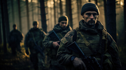 A group of modern soldiers in the forest. Gloomy background. The face of war.