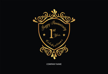 1st anniversary celebration logotype with handwriting golden color elegant design - obrazy, fototapety, plakaty