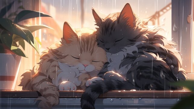 two fluffy cats lie hugging, anime, Lets Hug, banner