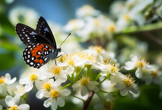 Beautiful black  Baltimore Checker spot butterfly (Euphydryas phaeton) on the flower close up