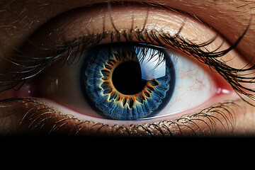 A macro photography shot of an eye's iris against a dark backdrop.