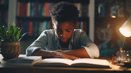 Concentrated black boy child doing his homework at home. The boy struggles to read a book. Education, school, learning disability, reading difficulties, dyslexia concept generative ai - obrazy, fototapety, plakaty