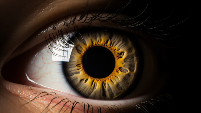 A macro photograph of a black-backgrounded eye iris.