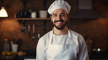 Happy chef donning a toque grins while preparing culinary creations. - obrazy, fototapety, plakaty