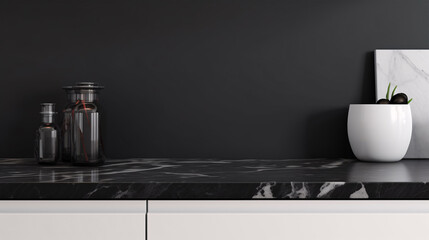 A close-up 3d rendering of a spacious black marble worktop in a pristine white cooking area.