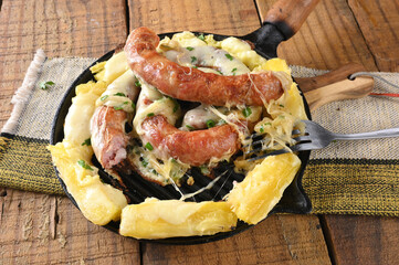 pork sausage packaged pork fried food with cheese and cassava topping healthy food