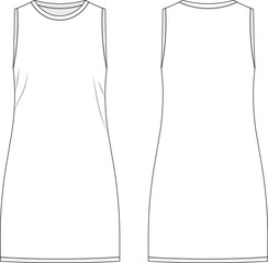 basic straight a line round neck crew neck sleeveless dress template technical drawing flat sketch cad mockup fashion woman - obrazy, fototapety, plakaty
