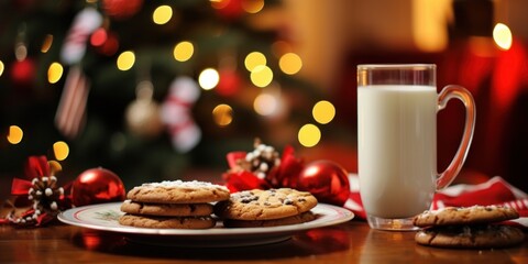 Obraz na płótnie Canvas cookies and milk in a mug, food for santa for christmas, banner, copy space