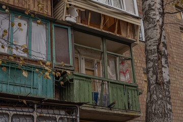 Kyiv, Ukraine - November 26, 2023: Broken balconies as a result of a night attack by russian drones.