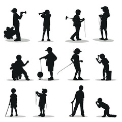 kids playing silhouette vector set, 