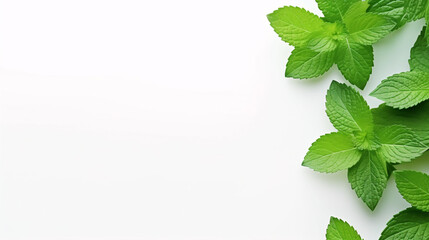 Minty green leaves of peppermint, isolated on white top-view, with space for copy.