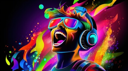 A man wearing sunglasses and headphones is shouting loudly, expressing intense emotions.