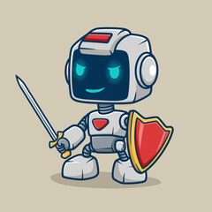Cute robot with sword and shield, vector cartoon illustration