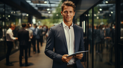 A dashing, youthful entrepreneur carrying a clipboard strides into the workspace.