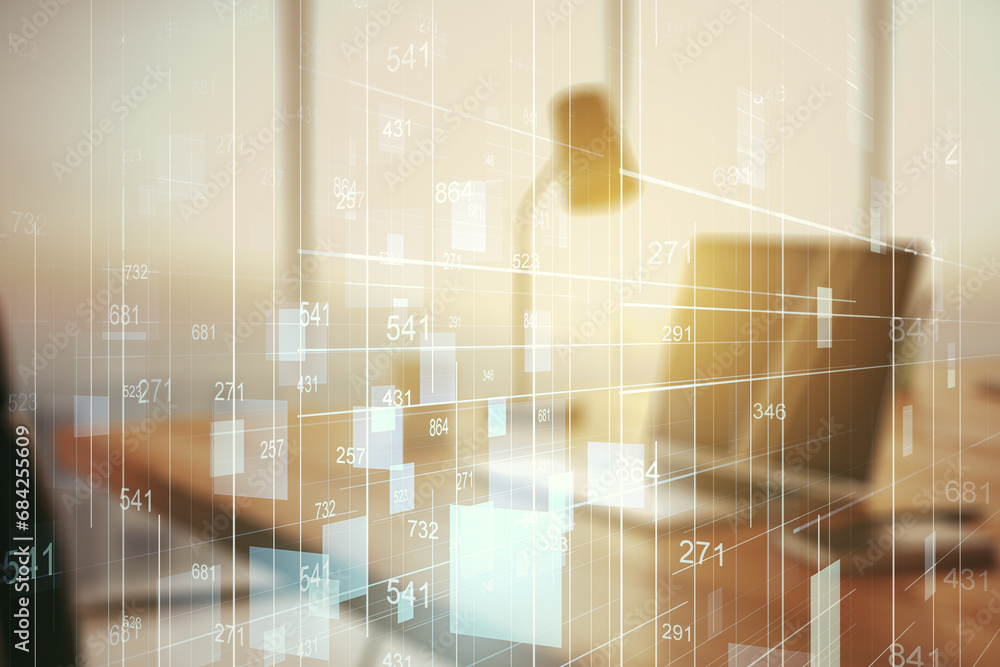 Fototapete multi exposure of stats data illustration on modern laptop background, computing and analytics conce