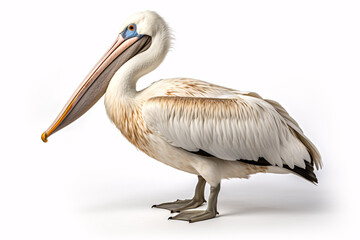 A big, solitary pelican stands on a a gleaming white surface.