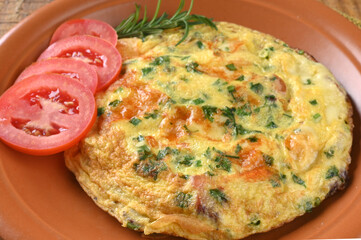 egg omelette with herbs and tomato sausage tasty and healthy food street food carbohydrate bar