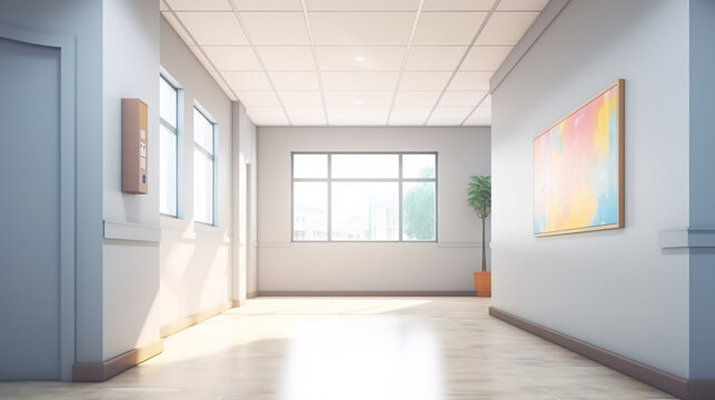Empty hallway in an educational building, with a simulated ad, rendered in three-dimensions.
