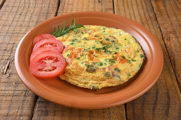 egg omelette with herbs and tomato sausage tasty and healthy food street food carbohydrate bar