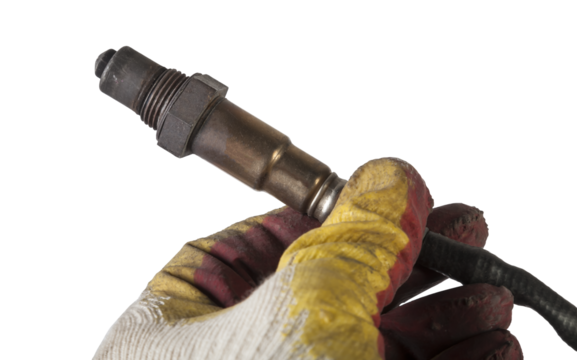 Lambda probe - oxygen sensor device designed to record amount of remaining oxygen in the exhaust gas of car engine is located in exhaust system. Metal spare part for replacement to repair in workshop.