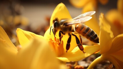 A hardworking bee is at work collecting honey from flowers  - obrazy, fototapety, plakaty