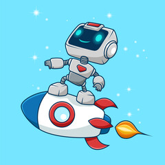 Cute robot riding rocket, vector cartoon illustration. Science Technology Icon Concept Isolated Premium Vector. Flat Cartoon Style