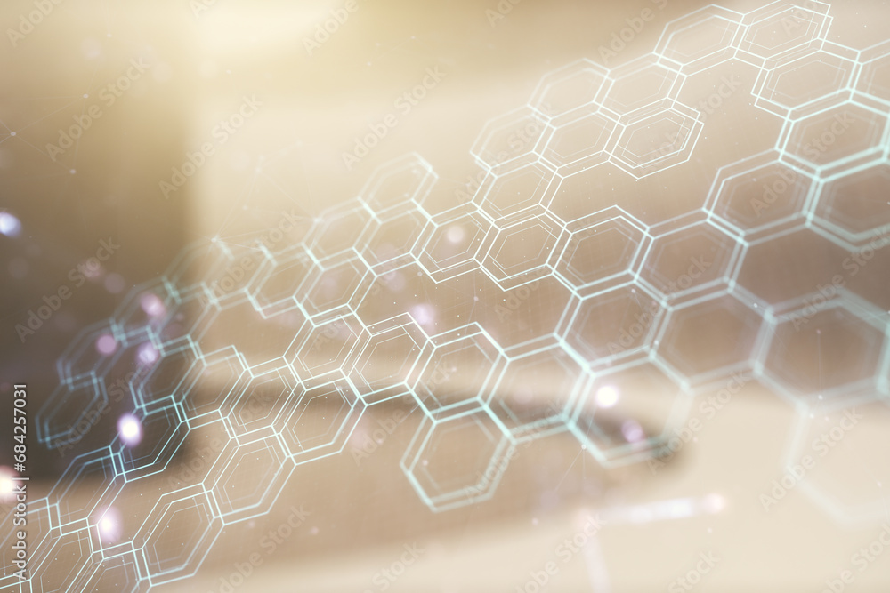 Aufkleber double exposure of abstract virtual technology hologram with hexagon on empty corporate office backg
