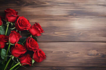 Naklejka na ściany i meble Valentine’s Day Greeting Card: Bouquet of Red Roses on Wooden Table View From Above