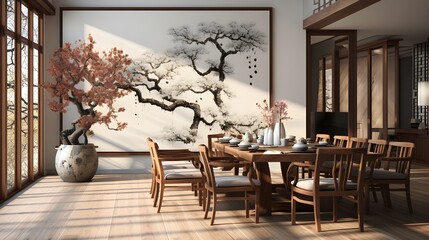white dining room is adorned with chairs and a white wall, in the style of emotive lighting, song dynasty, pointillist dotting, natural materials