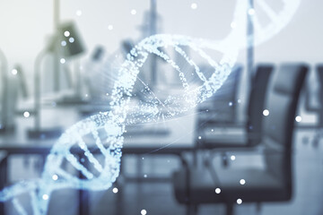 Virtual DNA symbol illustration on a modern furnished office background. Genome research concept. Multiexposure