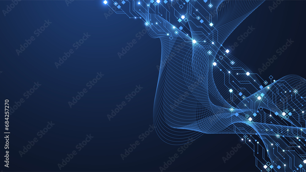 Poster Quantum technologies concept. Deep learning artificial intelligence. Circuit board texture background design. Big data algorithms visualization. Neural networks illustration.
