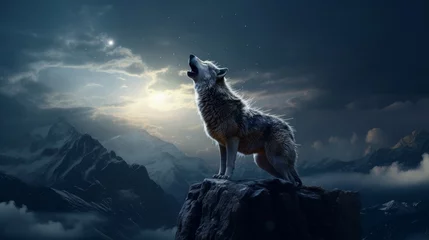 Fotobehang A wolf howling on top of a mountain in the moonlight  © Hokmiran