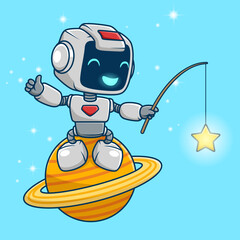 Cute robot fishing a star on Saturn planet, vector cartoon illustration